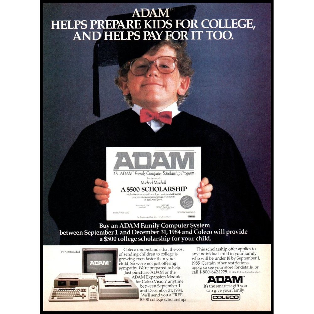 1984 Coleco ADAM Family Computer Vintage Print Ad Graduate College 80s High Tech